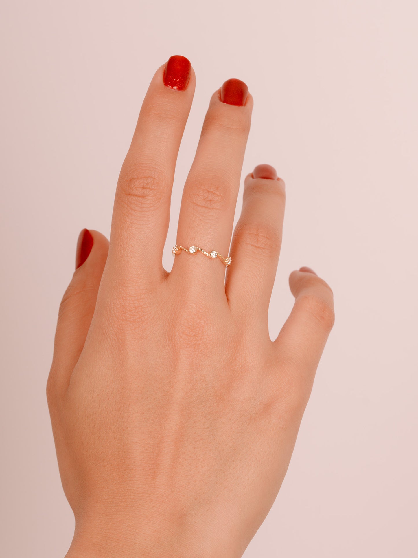 14K Gold Wave Moissanite Ring – Unique Curved Stacking Band