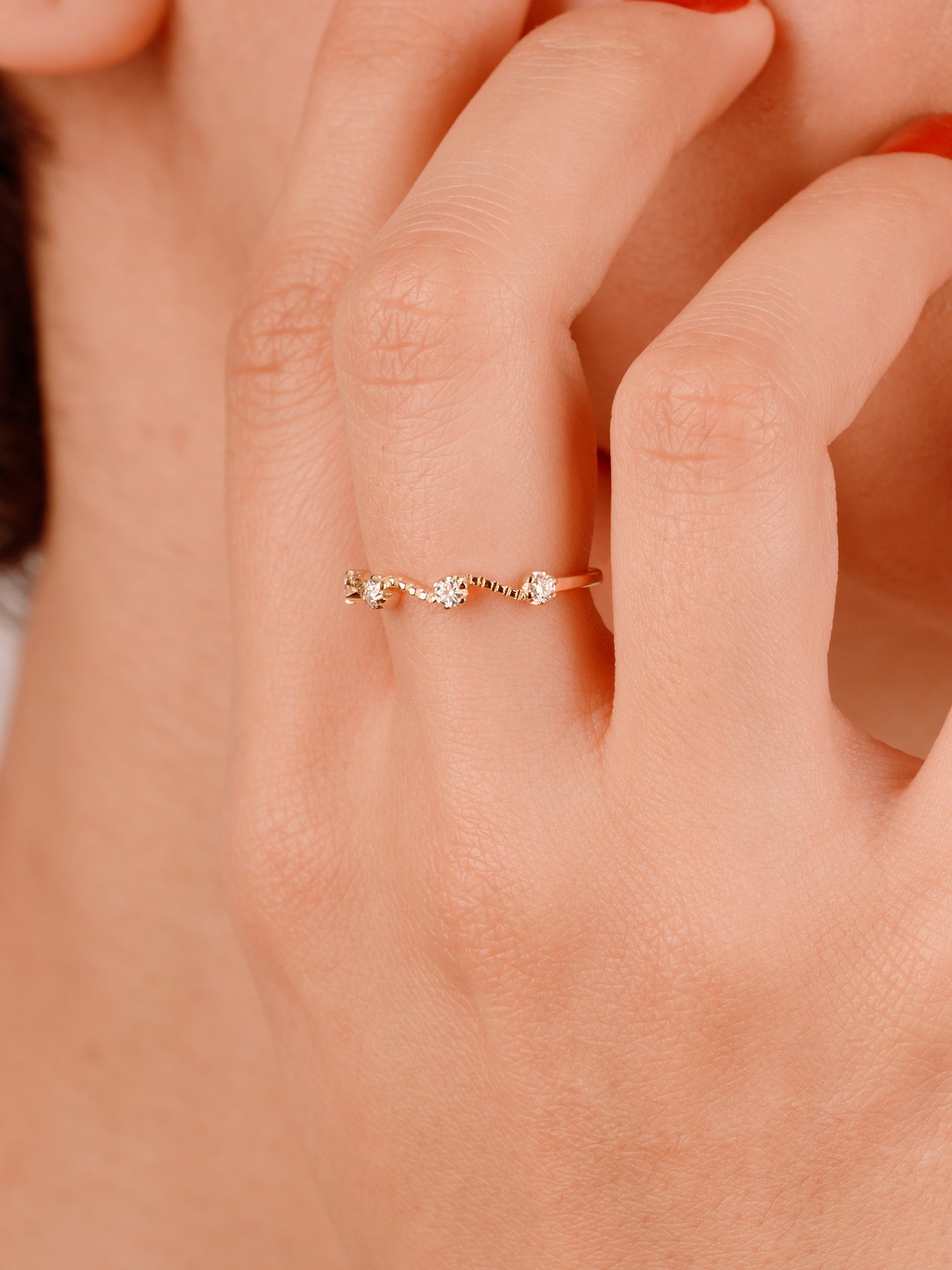 14K Gold Wave Moissanite Ring – Unique Curved Stacking Band