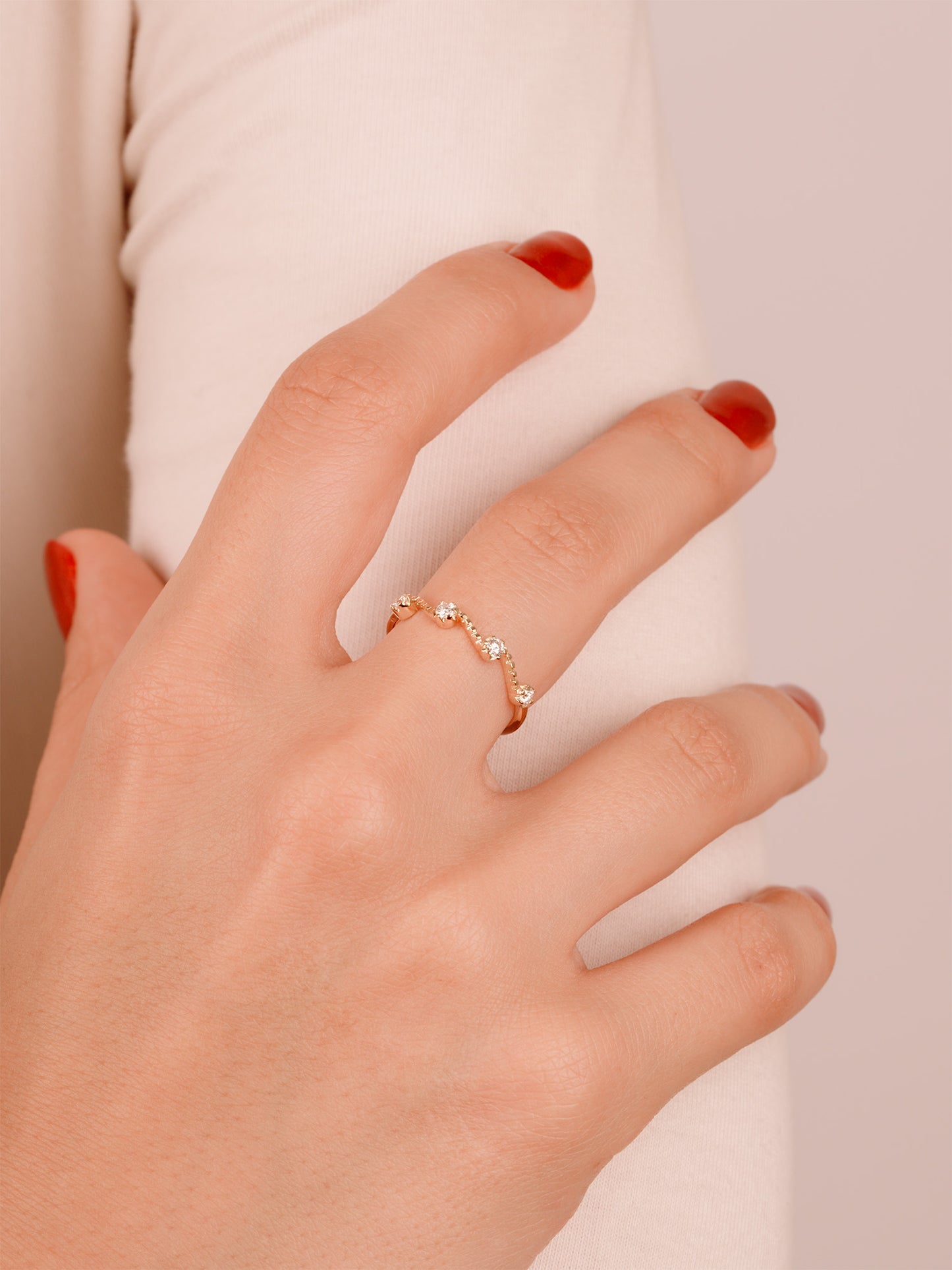 14K Gold Wave Moissanite Ring – Unique Curved Stacking Band