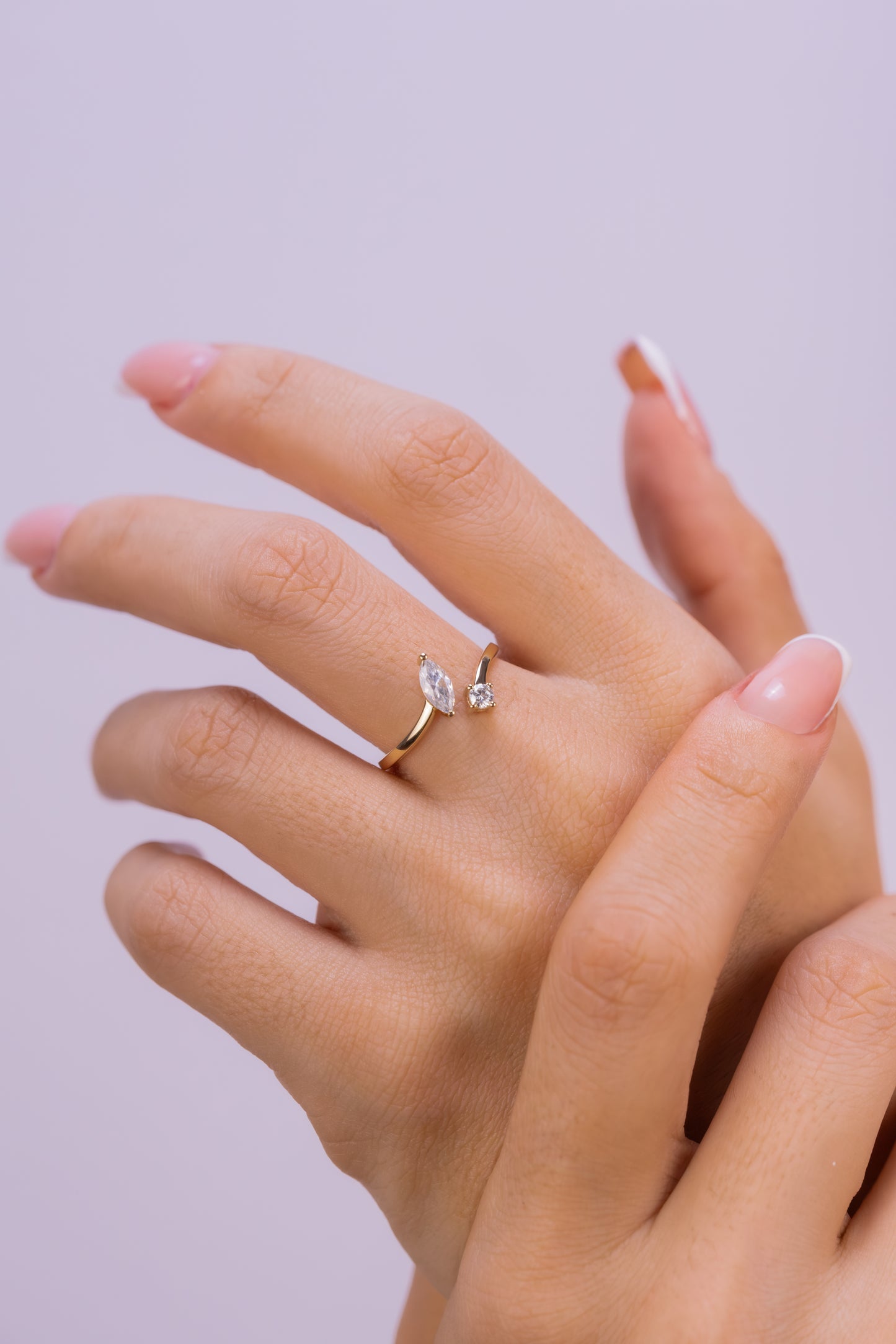 Marquise and Round Moissanite Open Ring – 14K Gold Minimalist Adjustable Ring