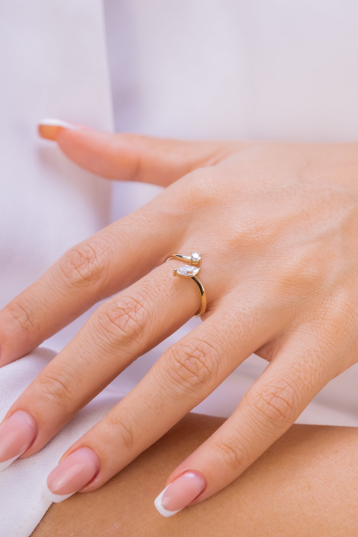 Marquise and Round Moissanite Open Ring – 14K Gold Minimalist Adjustable Ring