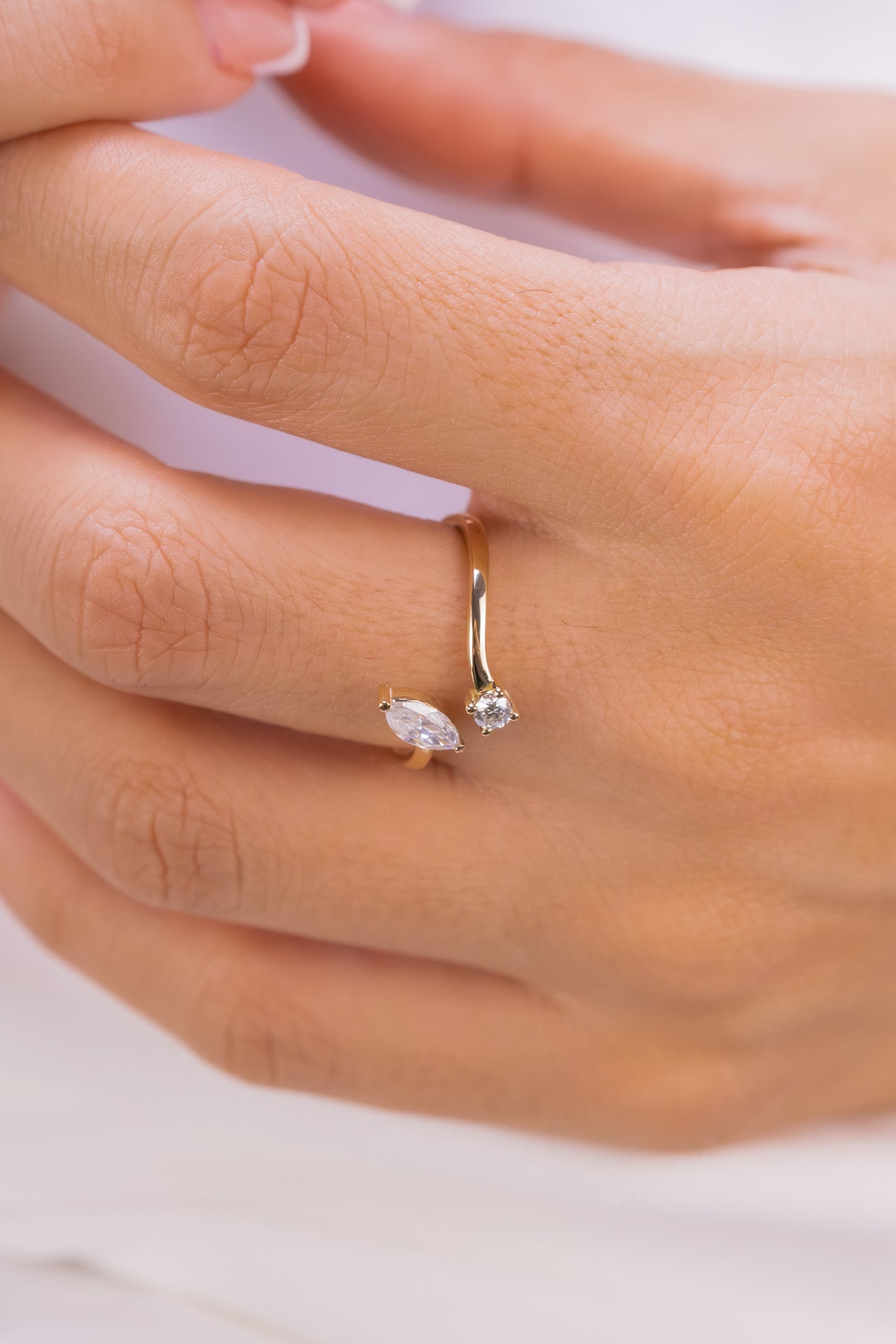 Marquise and Round Moissanite Open Ring – 14K Gold Minimalist Adjustable Ring