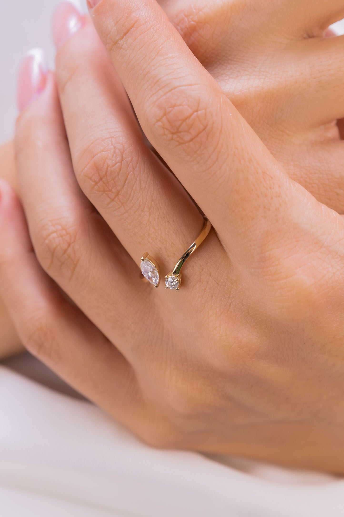 Marquise and Round Moissanite Open Ring – 14K Gold Minimalist Adjustable Ring
