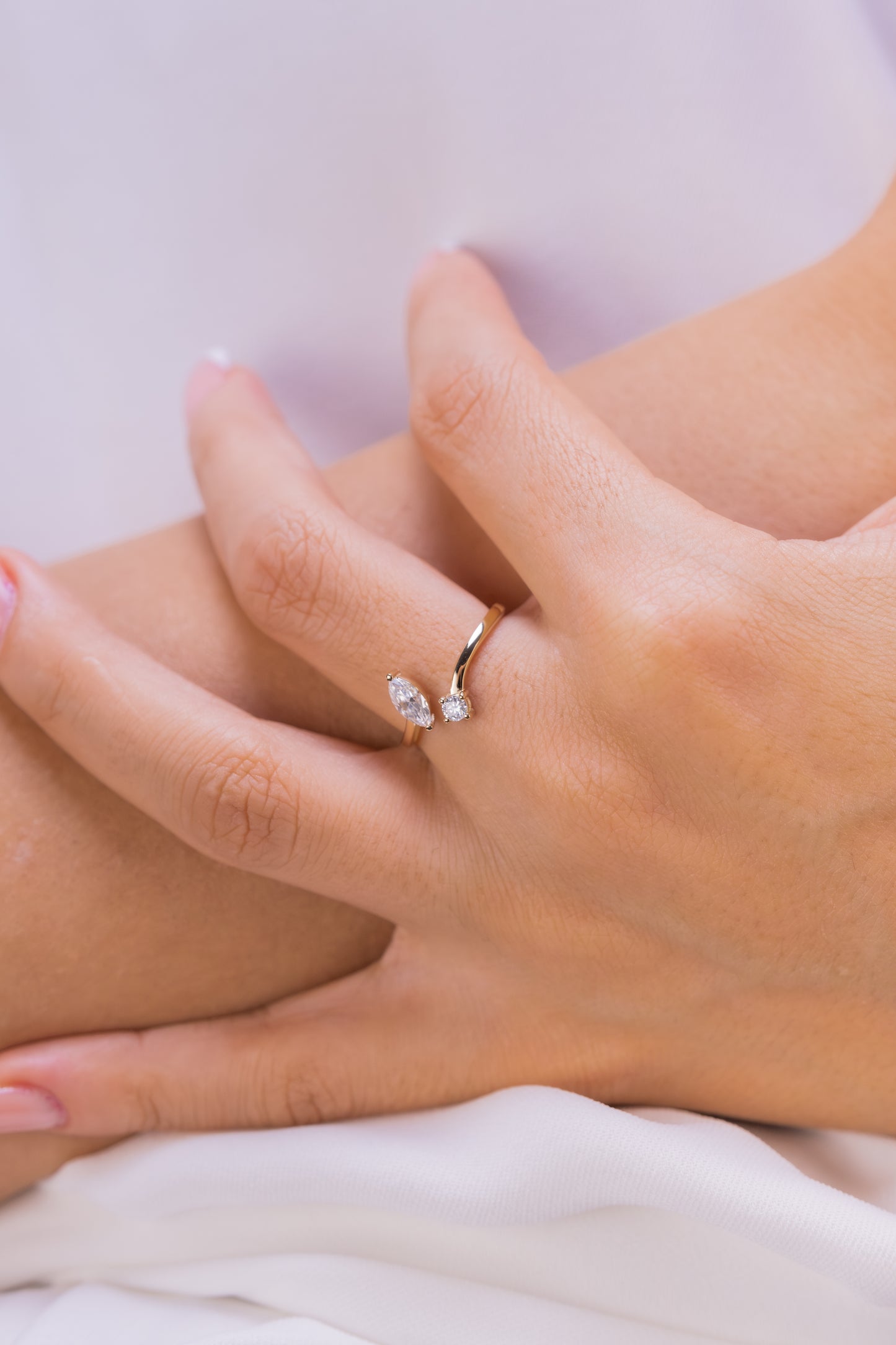 Marquise and Round Moissanite Open Ring – 14K Gold Minimalist Adjustable Ring