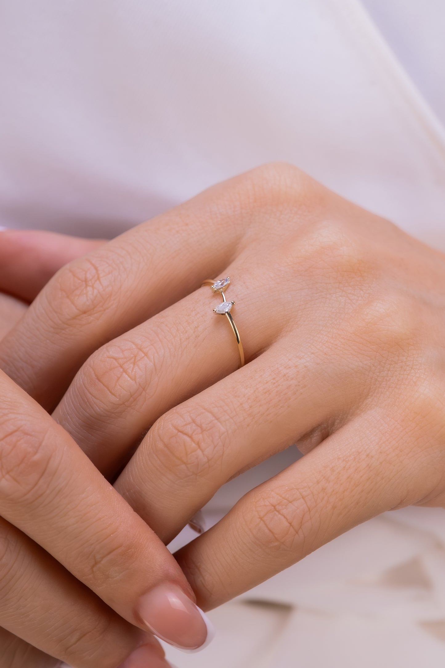 Delicate Double Marquise Cut Ring β 14K Gold Minimalist Open Ring