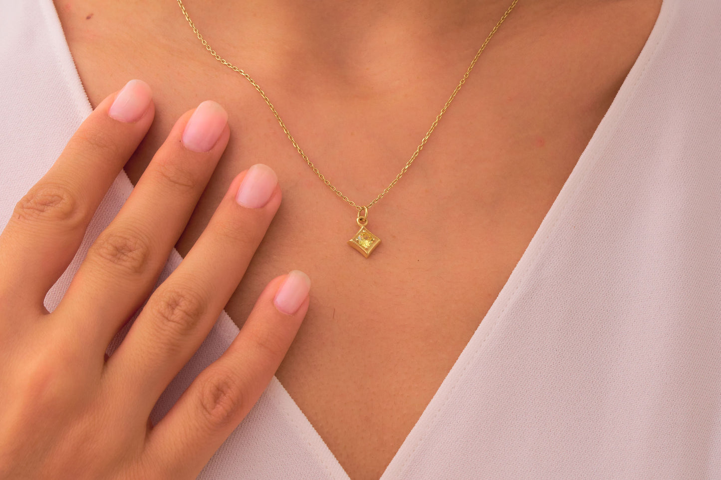 Dainty Citrine Stone Necklace in Silver & Solid Gold: Minimalist Birthstone Jewelry for Women