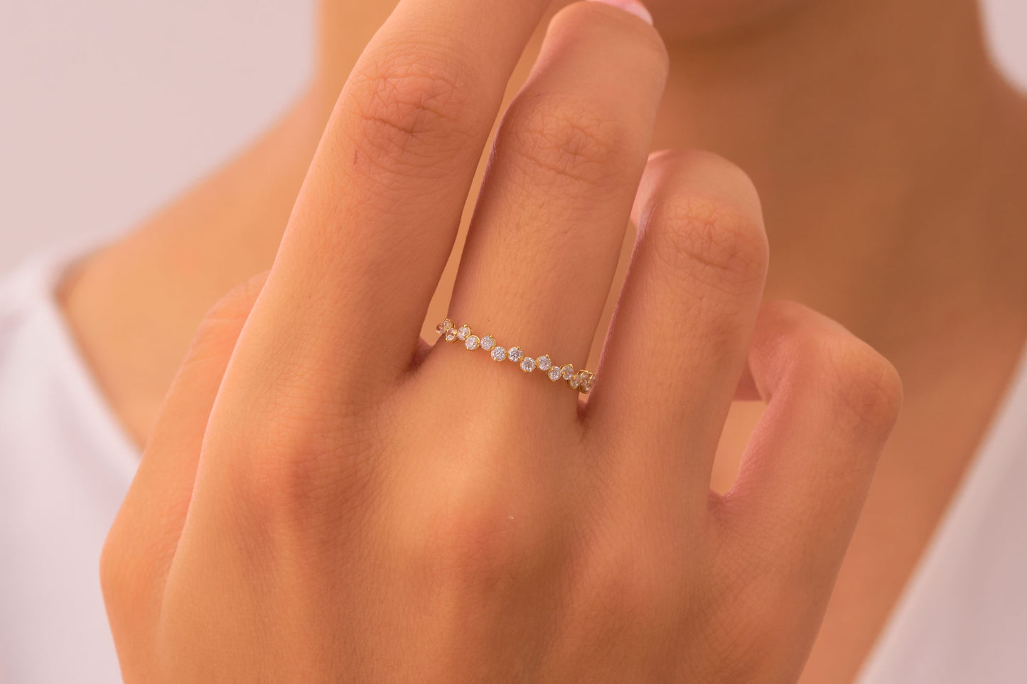 Dainty Diamond  Crown Ring – Elegant Gold Band with Round-Cut Stones, Delicate Sparkle for Stacking or Solo Wear