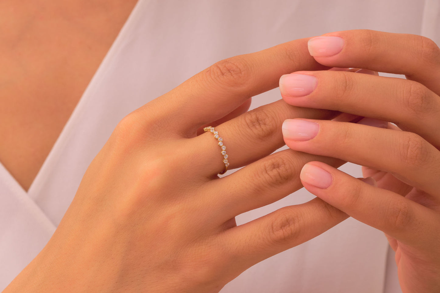 Dainty Diamond  Crown Ring – Elegant Gold Band with Round-Cut Stones, Delicate Sparkle for Stacking or Solo Wear