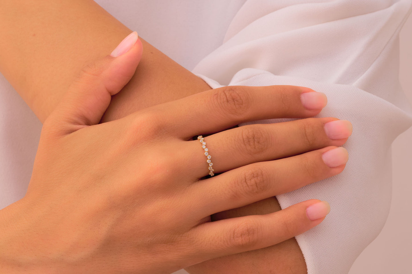 Dainty Diamond  Crown Ring – Elegant Gold Band with Round-Cut Stones, Delicate Sparkle for Stacking or Solo Wear