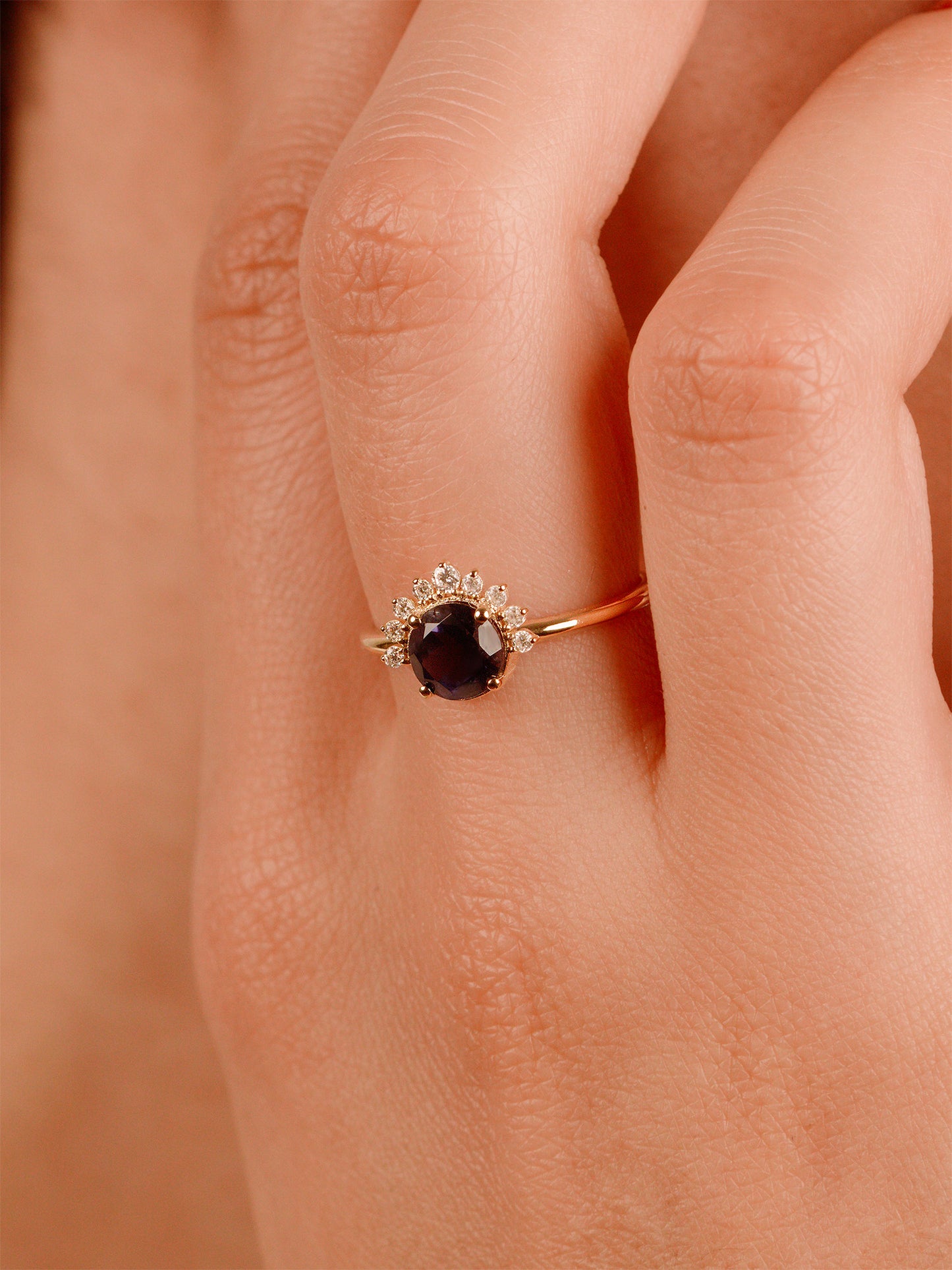 Black Iolite Cluster Ring – 14K Gold Vintage Engagement Ring