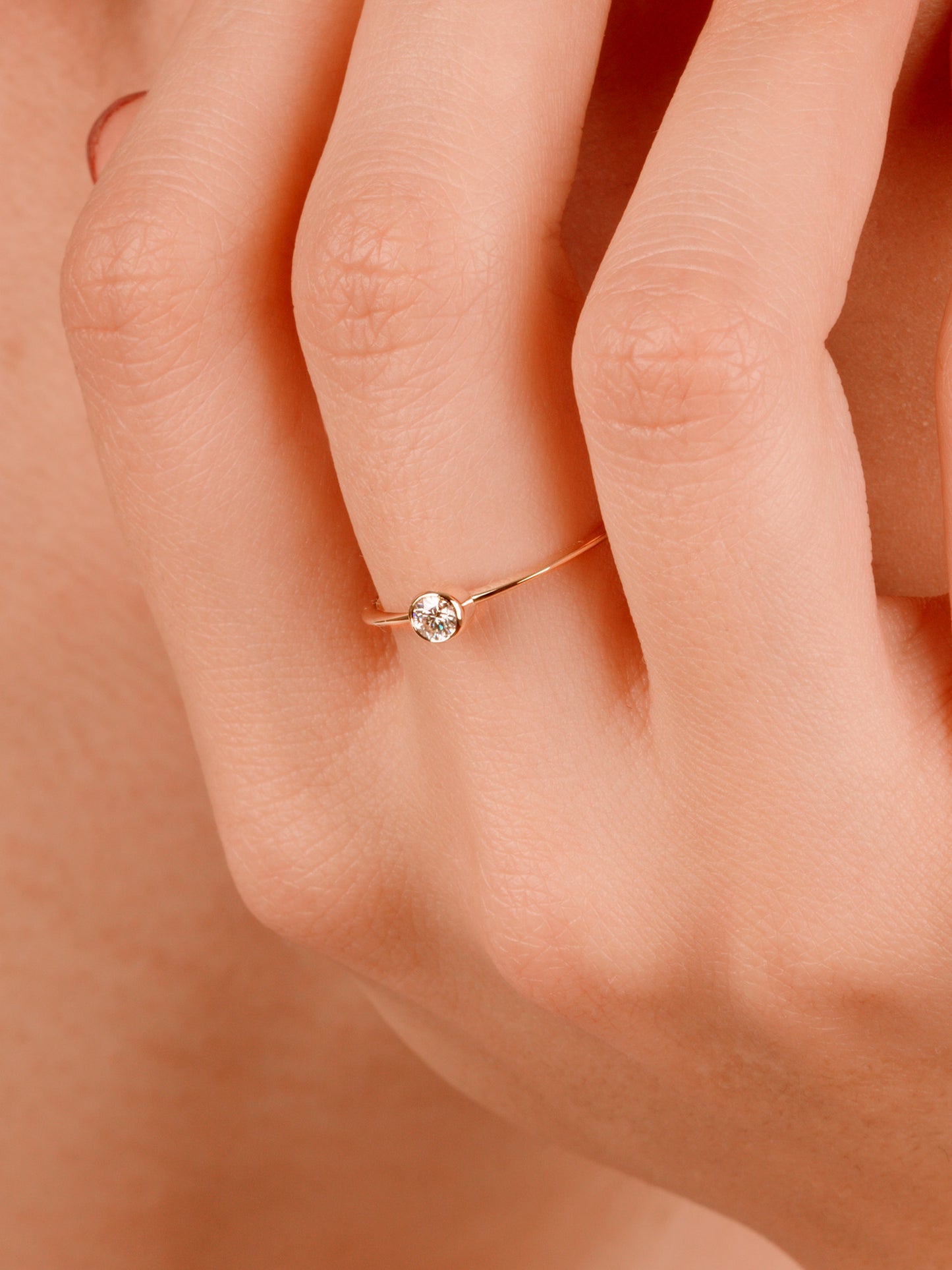 14K Gold Bezel Diamond Ring, Dainty Solid Gold Solitaire Ring