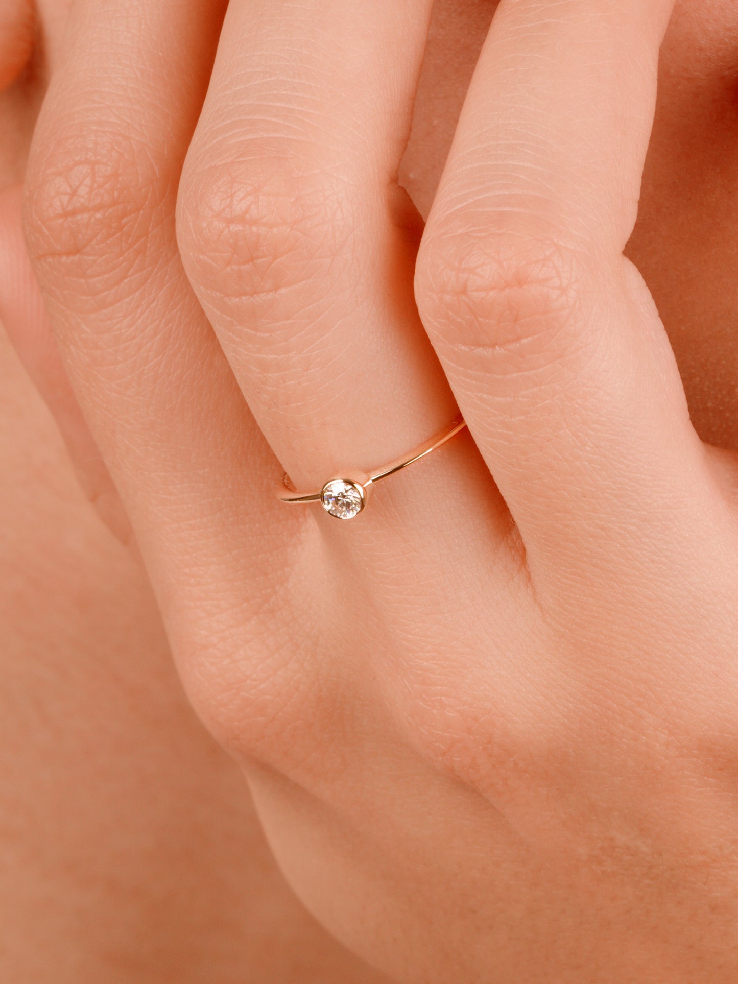 14K Gold Bezel Diamond Ring, Dainty Solid Gold Solitaire Ring