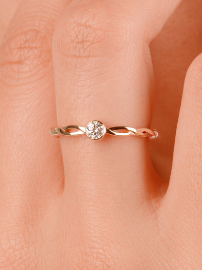 14k CZ Diamond Minimalist Promise Ring, Twisted Band Solitaire Ring