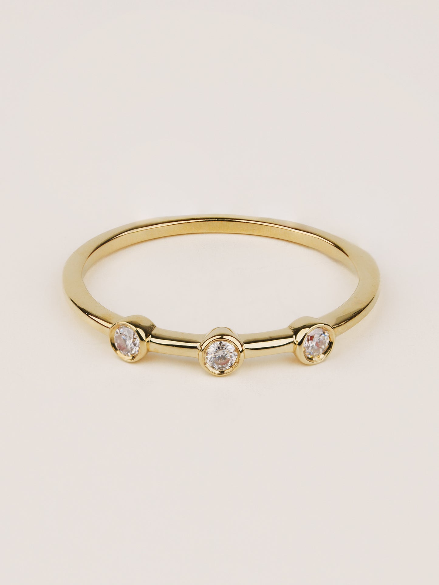 14K Solid Gold Bezel Set Ring, Three Stone Natural Diamond Ring