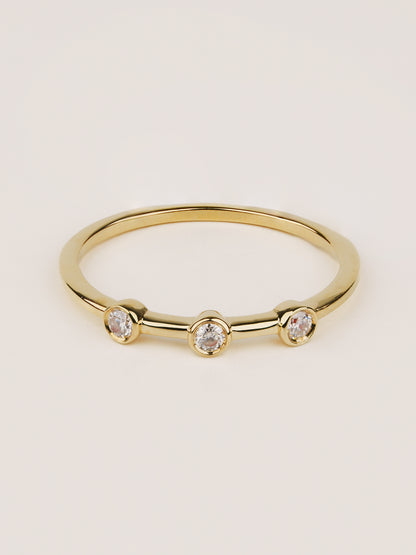 14K Solid Gold Bezel Set Ring, Three Stone Natural Diamond Ring