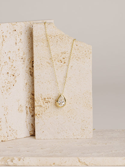 Pear Moissanite Pendant Necklace, 14k Gold Solitaire Necklace