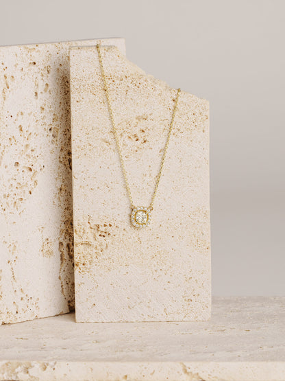 Moissanite Halo Pendant Necklace – 14K Gold Dainty Necklace