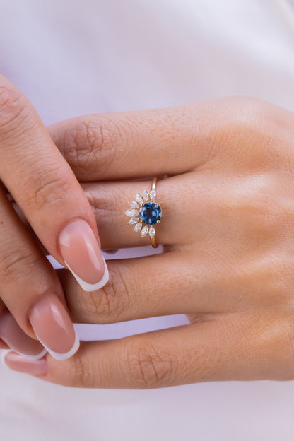 Blue Sapphire Sunburst Ring – 14K Gold Halo Ring