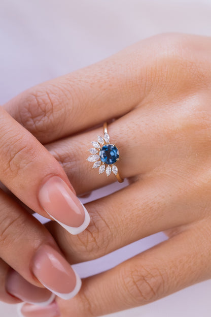 Blue Sapphire Sunburst Ring – 14K Gold Halo Ring