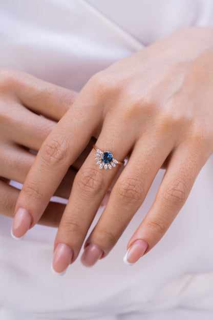 Blue Sapphire Sunburst Ring – 14K Gold Halo Ring