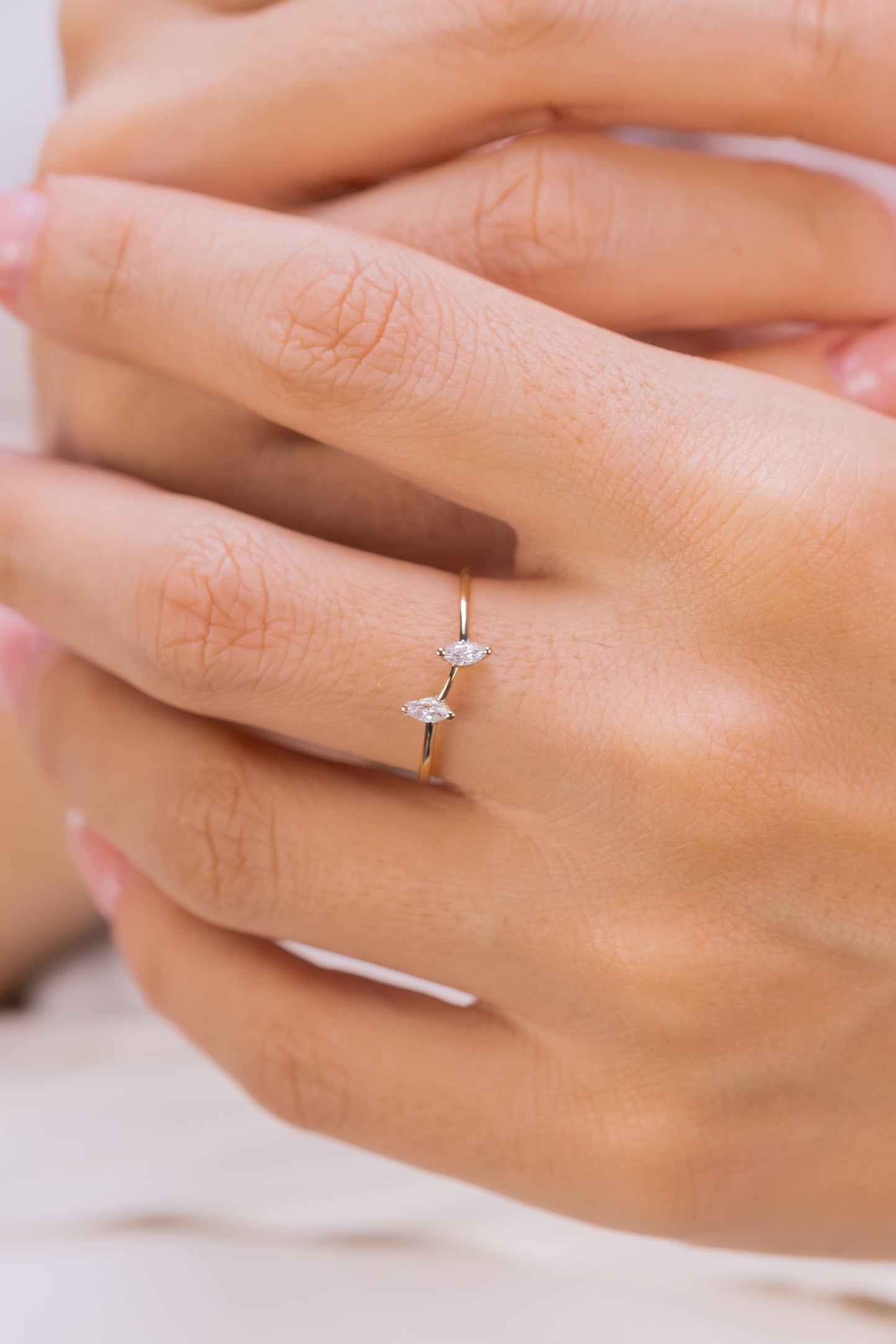 Delicate Double Marquise Cut Ring – 14K Gold Minimalist Open Ring