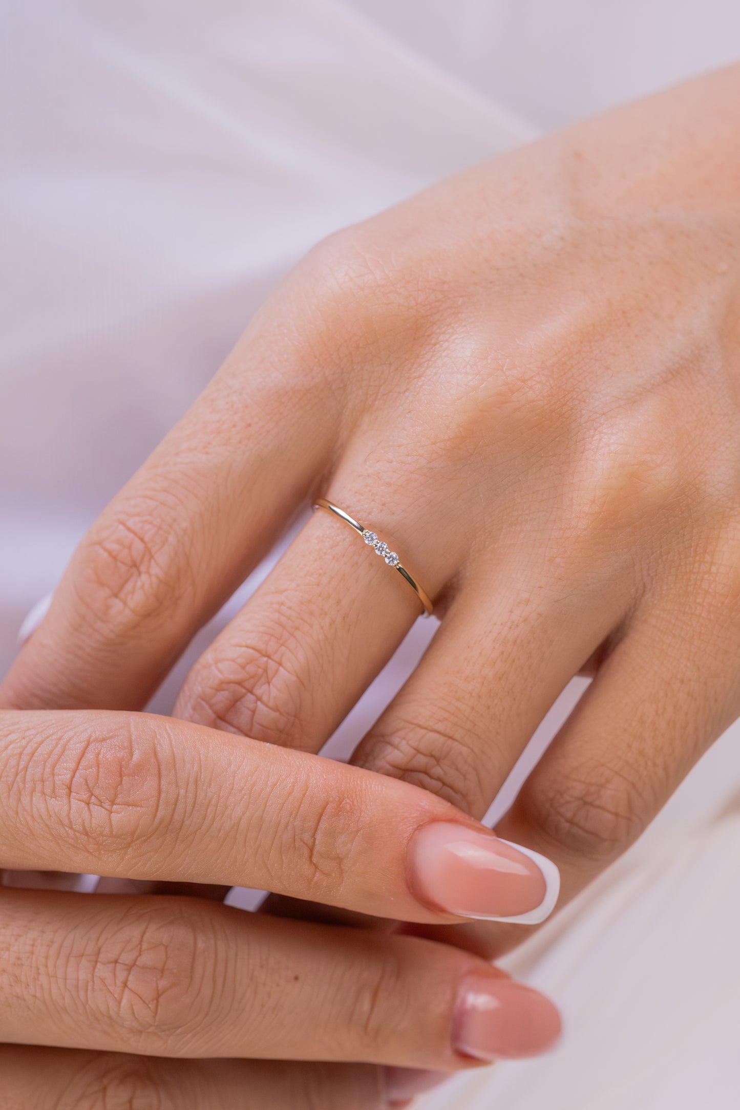 14K Solid Gold Ring, Dainty Gold Ring with Three Sparkling Diamonds Ring