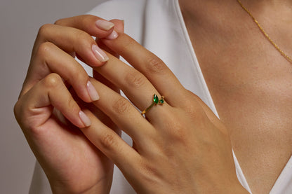 Gold Marquise Cut Birthstone Ring, Open Adjustable Ring for Women, Dual Stone Elegant Promise Ring for Her, Luxury Marquise Cut Ring Gift