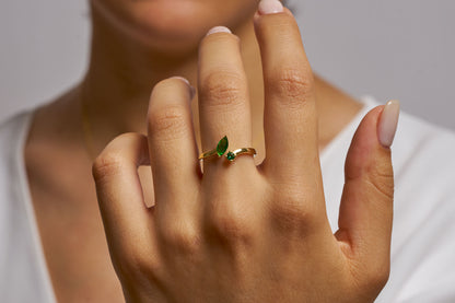 Gold Marquise Cut Birthstone Ring, Open Adjustable Ring for Women, Dual Stone Elegant Promise Ring for Her, Luxury Marquise Cut Ring Gift