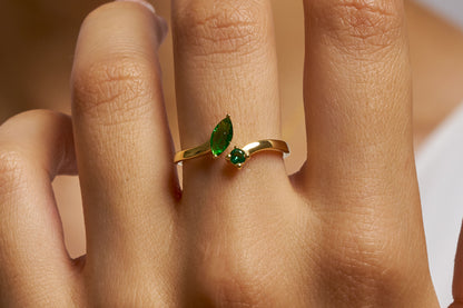 Gold Marquise Cut Birthstone Ring, Open Adjustable Ring for Women, Dual Stone Elegant Promise Ring for Her, Luxury Marquise Cut Ring Gift