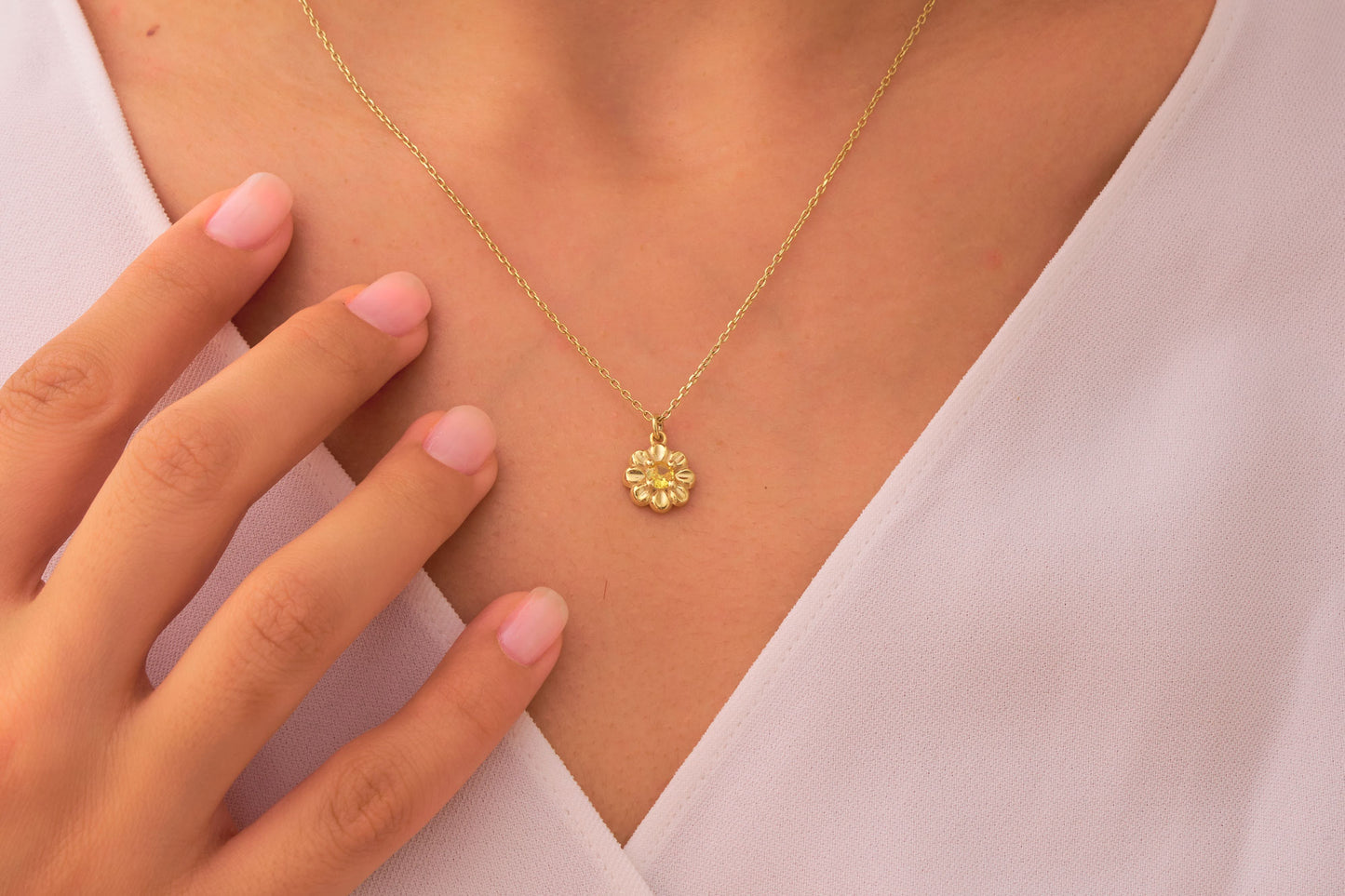 Dainty Daisy Flower Necklace with Citrine Stone: Nature Inspired Jewelry in Silver & Solid Gold