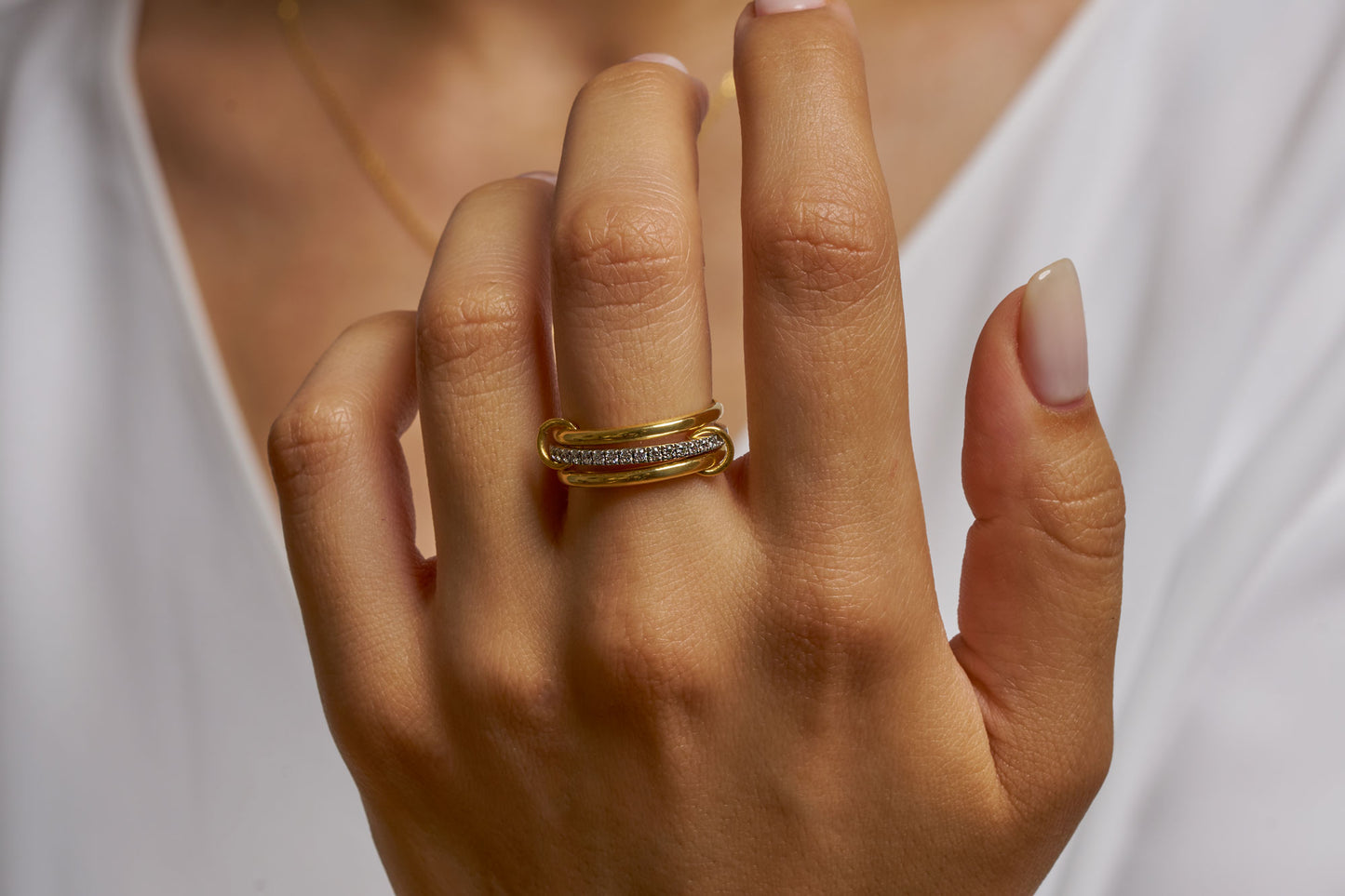 Gold Diamond cut Band Ring – 14K Gold Interlocking Ring with Round  Diamond cut moissanite , Unique Twist Design, Stackable Wedding Ring