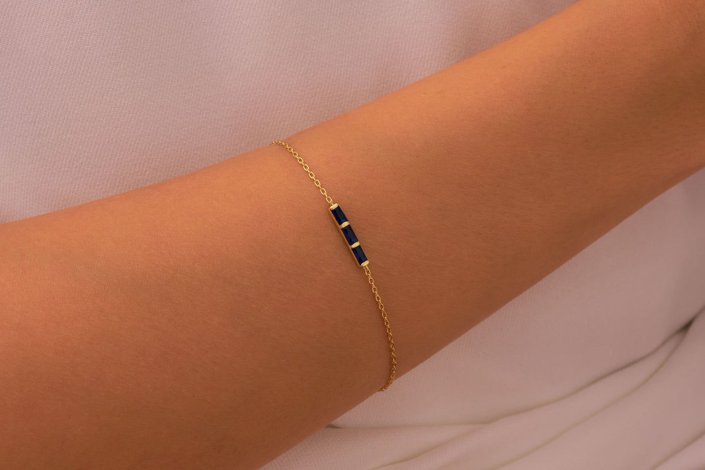 Blue Baguette Stone Bar Bracelet, Dainty Solid Gold Thin Bracelet, Simulated Sapphire Bracelet, Handmade Luxury Bracelet for Her
