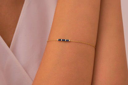 Blue Baguette Stone Bar Bracelet, Dainty Solid Gold Thin Bracelet, Simulated Sapphire Bracelet, Handmade Luxury Bracelet for Her