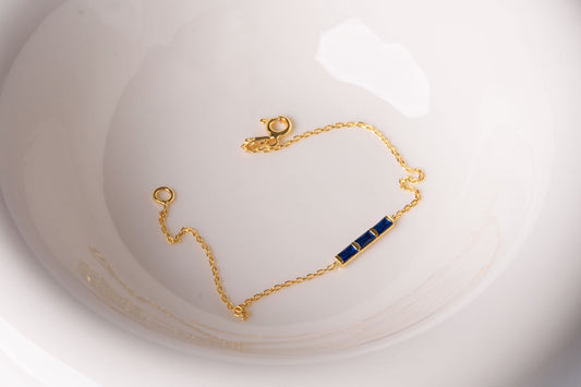 Blue Baguette Stone Bar Bracelet, Dainty Solid Gold Thin Bracelet, Simulated Sapphire Bracelet, Handmade Luxury Bracelet for Her